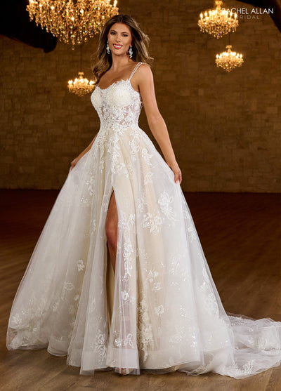 Rachel Allan RB4186 - Scoop Neck Embroidered Gown with Slit Wedding Dresses