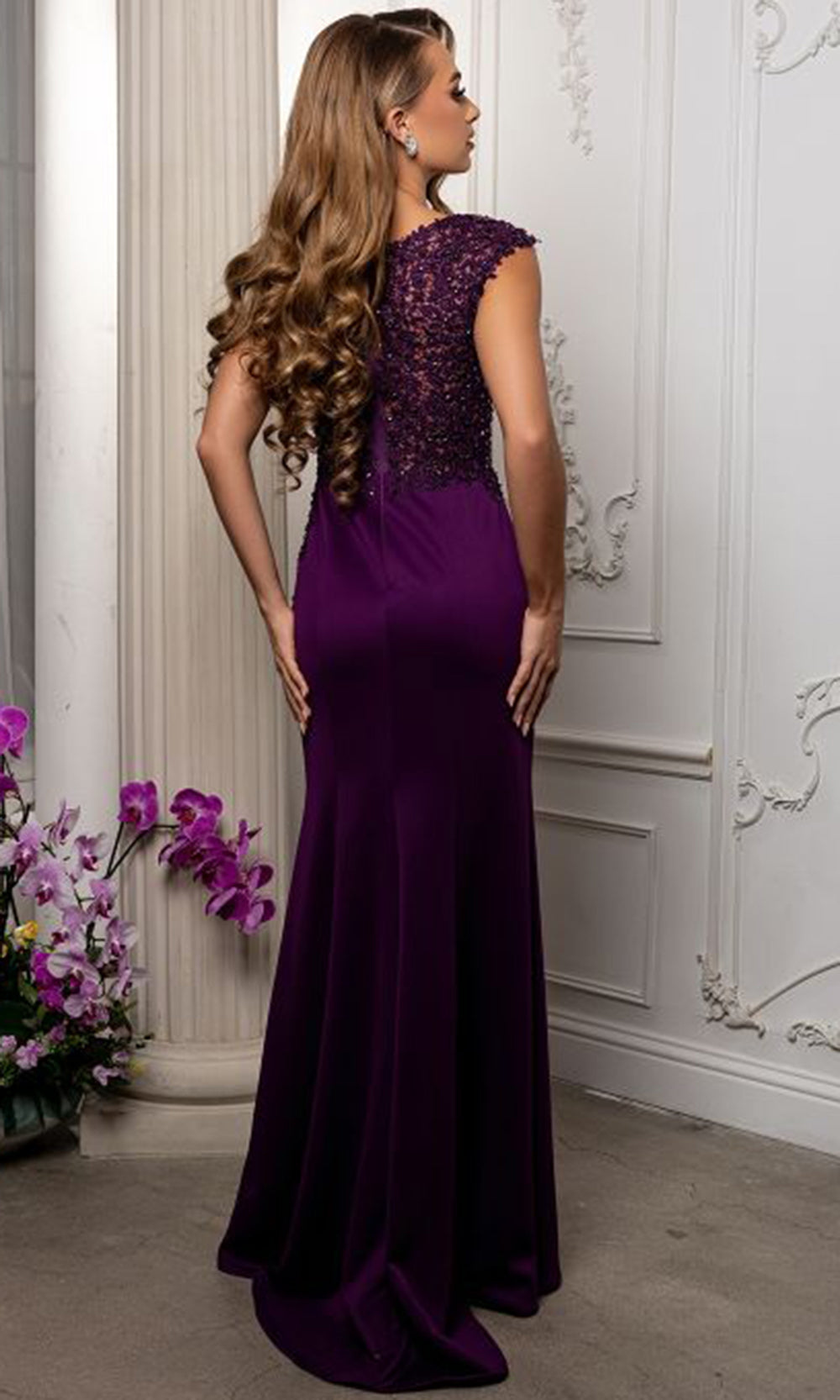 May Queen RQ8256 - Illusion Lace Top Cap Sleeve Evening Gown