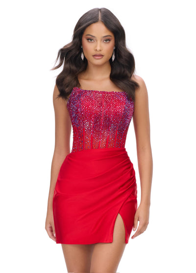 Ashley Lauren 4686 - Beaded Corset Cocktail Dress In Red