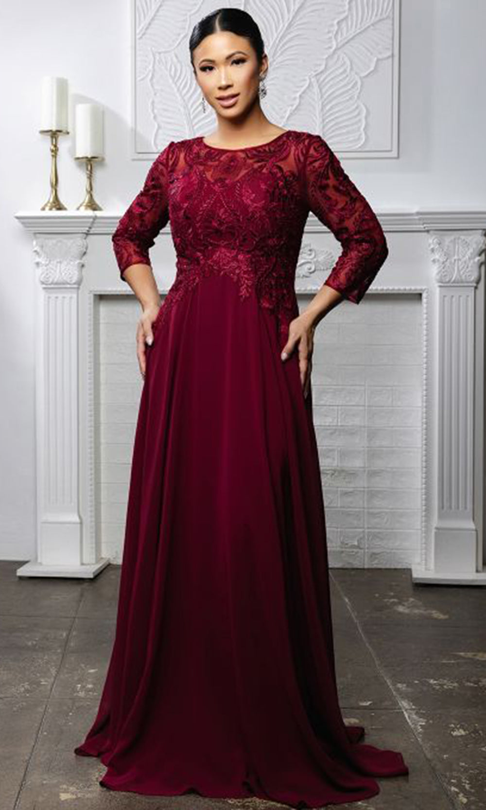 May Queen MQ2210 - Jewel Neck Lace Bodice Formal Gown