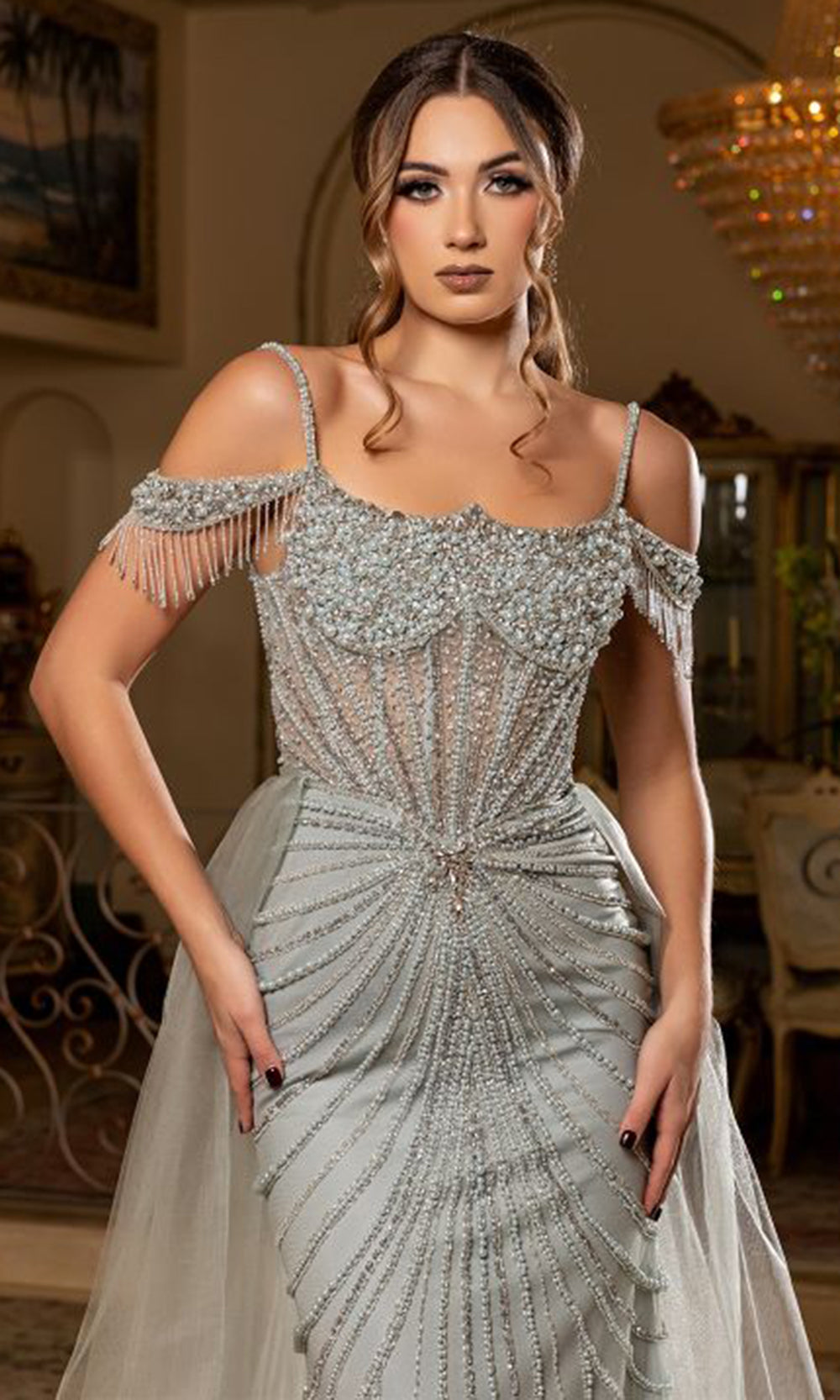 May Queen RQ8277 - Fringed Corset Mermaid Gown Prom Dresses in Sage 