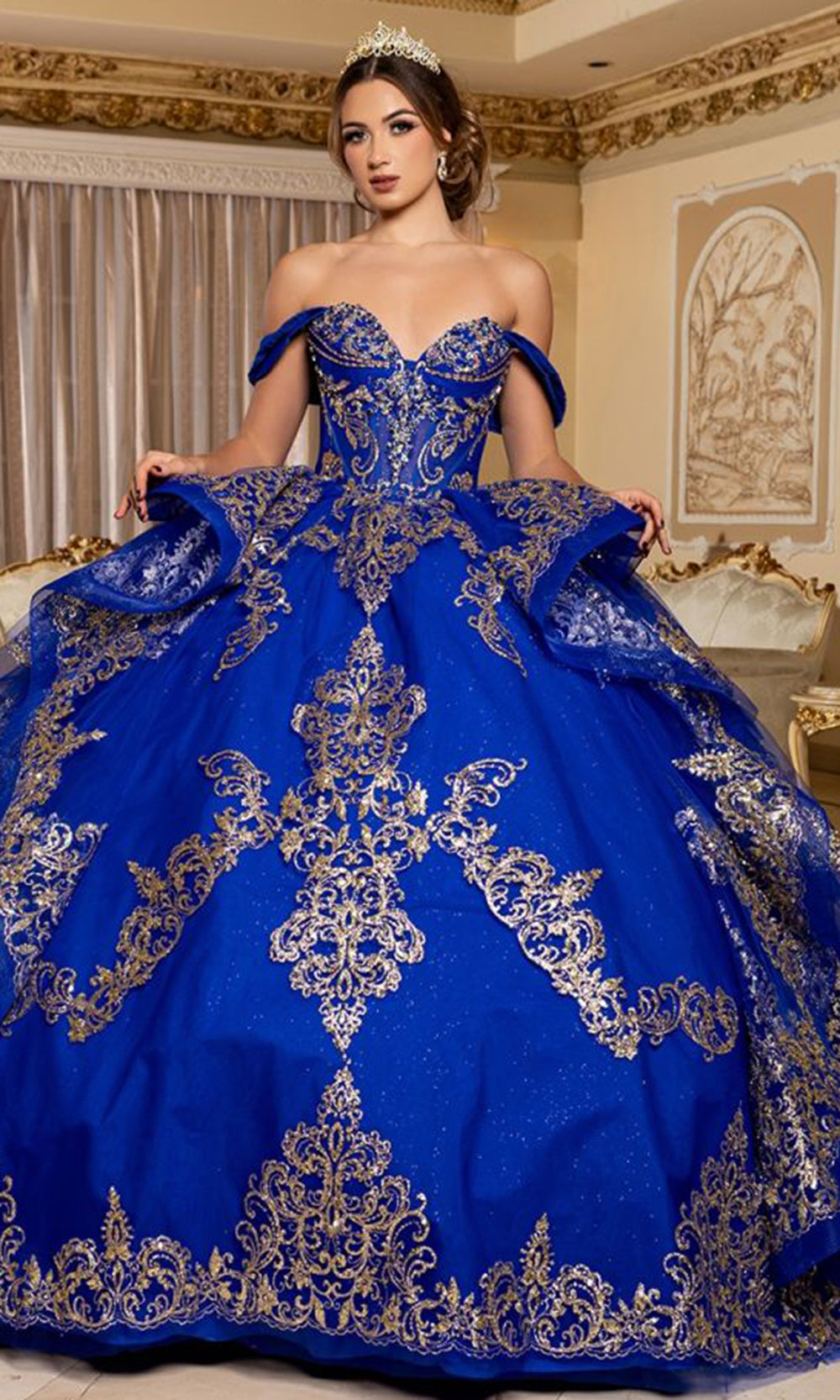 May Queen LK302 - Off Shoulder Embroidered Ballgown Quinceanera Dresses in Royal 