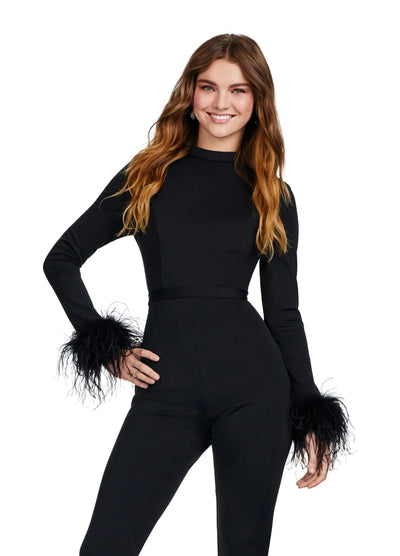 Ashley Lauren 11441 - Feathered Sleeve Jumpsuit In Black