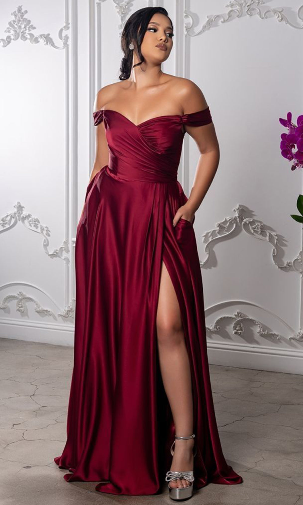 May Queen MQ2187B - Pleated Red Carpet A Line Dress Evening Dresses in Burgundy 