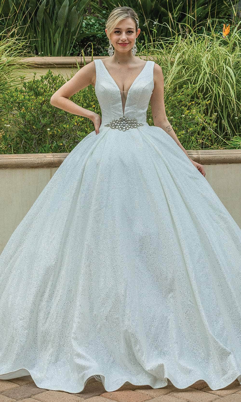 Dancing Queen 0166 - Embroidered Plunging Neck Ballgown Quinceanera Dresses XS /  White