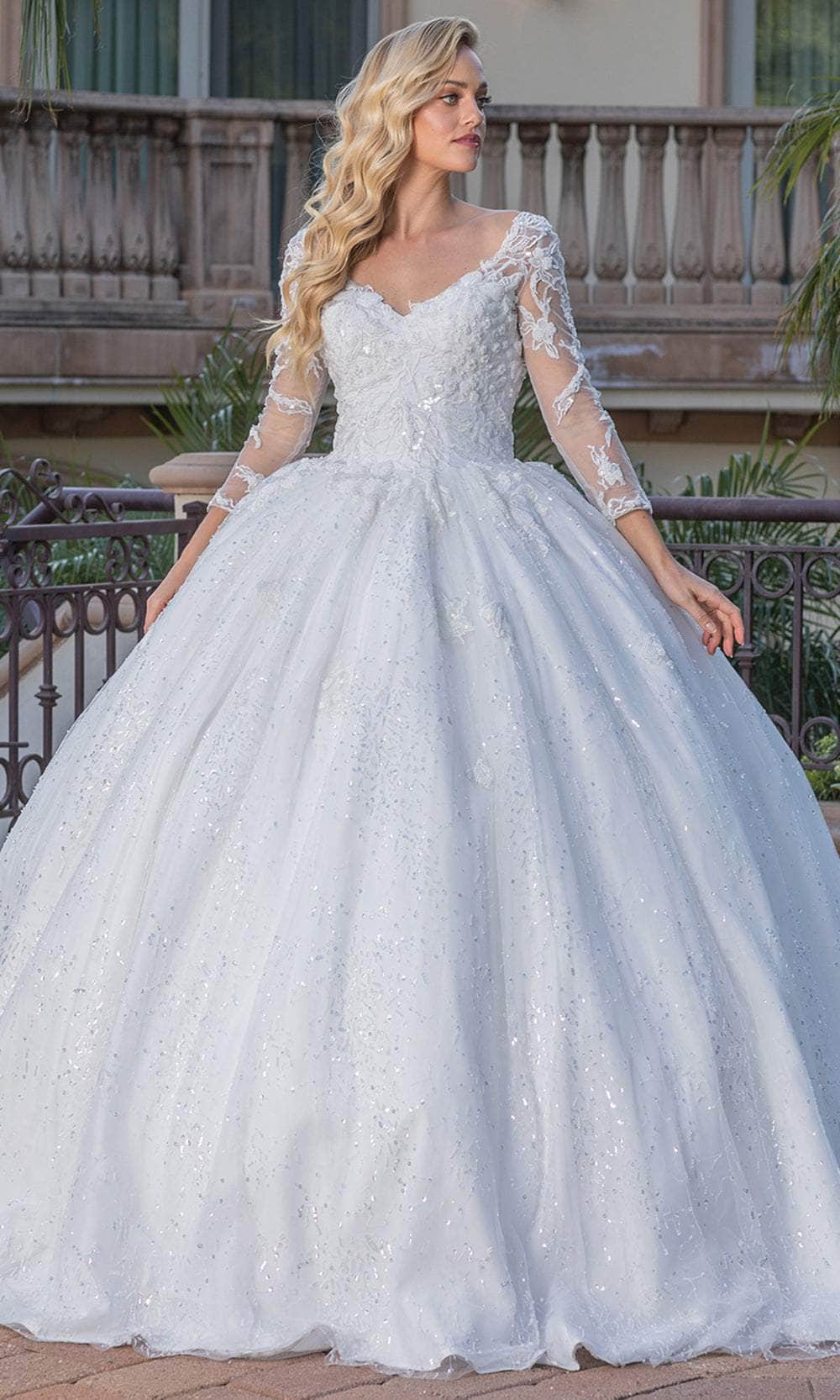 Dancing Queen 0185 - Sheer Sleeve V-Neck Ballgown Quinceanera Dresses XS /  Off White