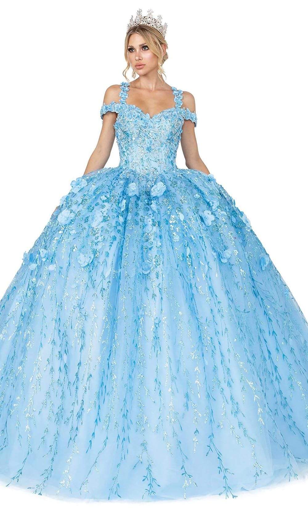 Dancing Queen - 1640 3D Floral Applique Corset Lace-Up Back Ballgown In Blue