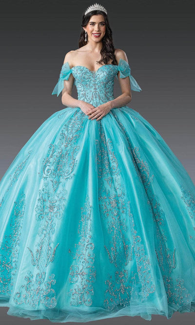 Dancing Queen 1814 - Sparkling Off Shoulder Tulle Ballgown Quinceanera Dresses XS /  Aqua