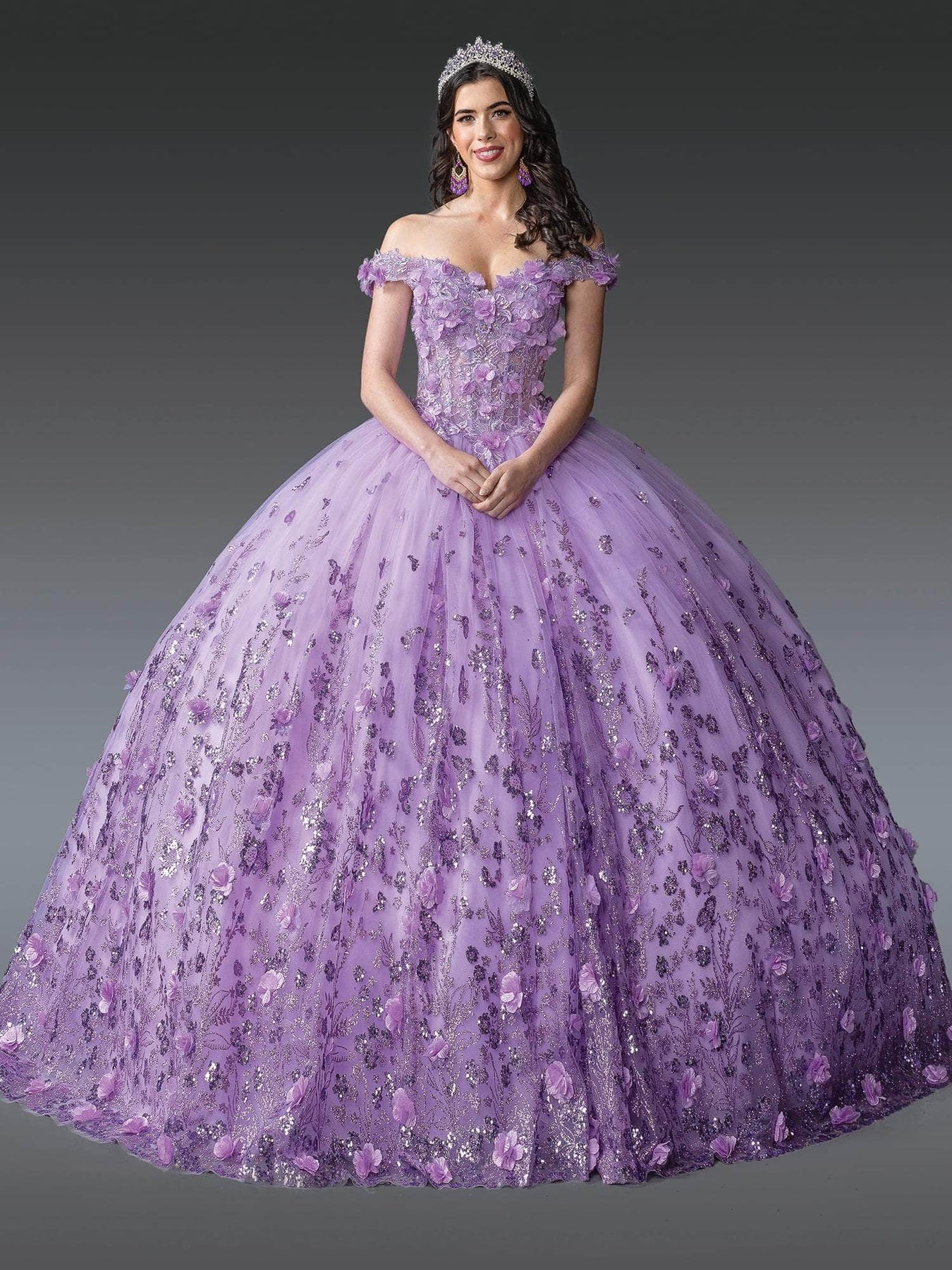 Dancing Queen 1908 - Long Ballgown Dress - 3D Floral Appliques, Sequin, Glitter Accents, Off-Shoulder Sleeves, Sheer Corset Bodice ADASA Dancing Queen 1908 - Long Ballgown Dress - 3D Floral Appliques, Sequin, Glitter Accents, Off-Shoulder Sleeves, Sheer Corset Bodice ADASA