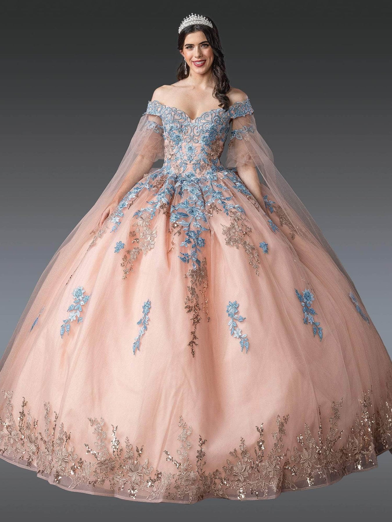 Dancing Queen 1921 Long Quinceanera Dress Rose Gold/Bahama Blue / 3XLarge Dancing Queen 1921 Long Quinceanera Dress Rose Gold/Bahama Blue / 3XLarge