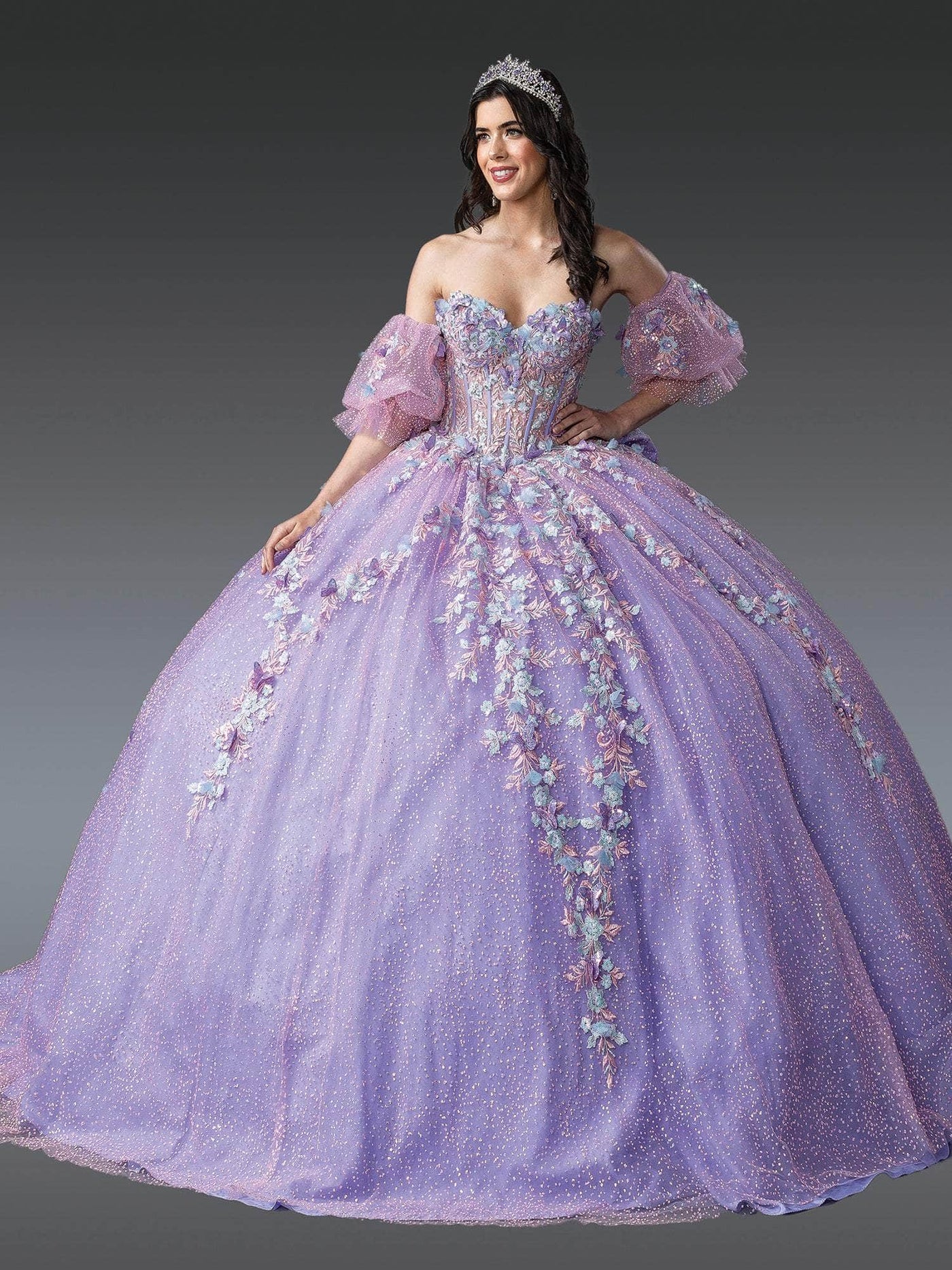 Dancing Queen 1979 - Embroidered Strapless Quinceanera Gown Quinceanera Dresses XS /  Lilac/Multi Print