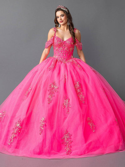 Dancing Queen 1983 - Cold Shoulder Embellished Quinceanera Gown Quinceanera Dresses XS /  Hot Pink