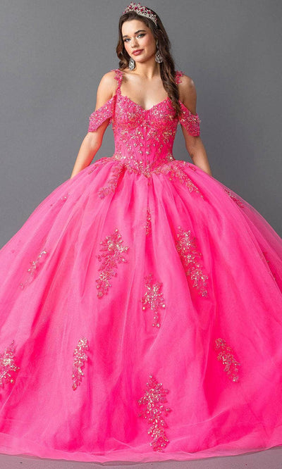 Dancing Queen 1983 - Cold Shoulder Embellished Quinceanera Gown Quinceanera Dresses XS /  Hot Pink