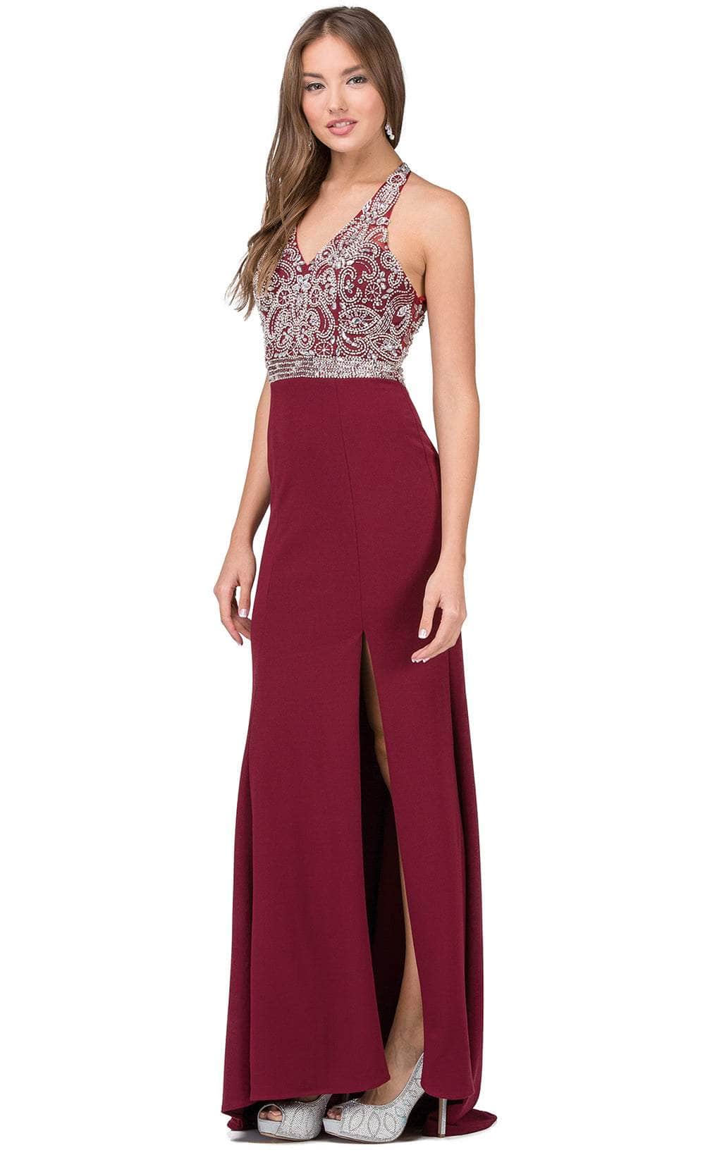 Dancing Queen 2242 - V-Neck Swirl Beaded Prom Gown Prom Dresses XS /  Burgundy