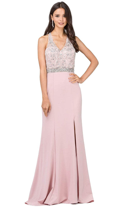 Dancing Queen 2242 - V-Neck Swirl Beaded Prom Gown Prom Dresses XS /  Dusty Pink