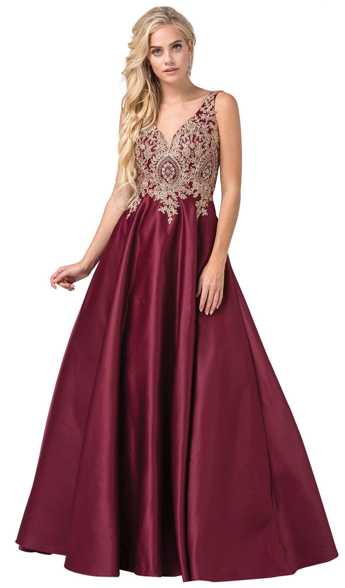 Dancing Queen - 2533 Gold Lace Embellished Sleeveless V Neck Satin A-Line Gown - 1 pc Burgundy In Size XL Available CCSALE XL / Burgundy