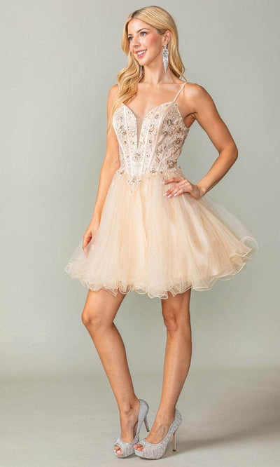 Dancing Queen 3351 - Floral Embellished Cocktail Dress Special Occasion Dresses XS /  Champagne