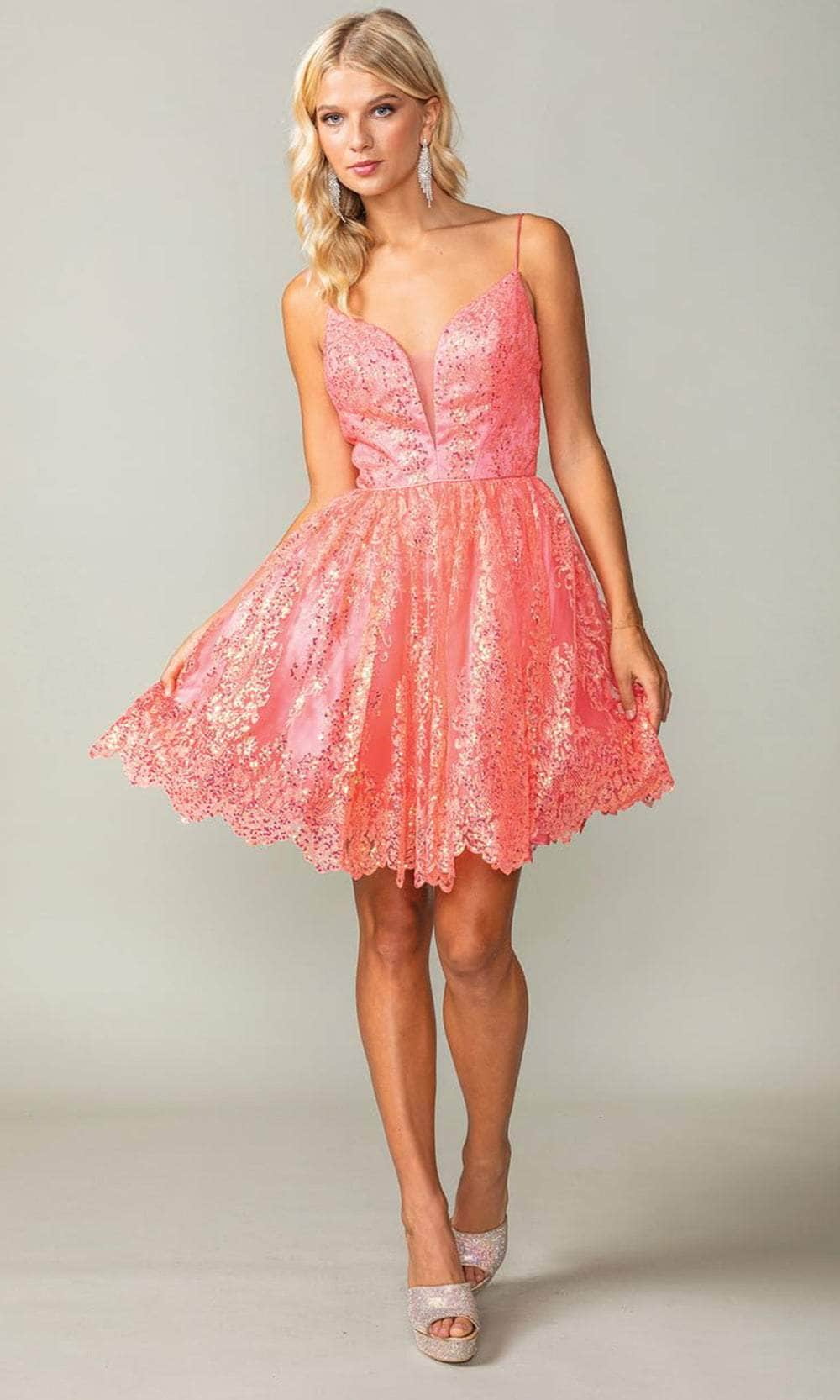 Dancing Queen 3358 - Spaghetti Strap Sequin Cocktail Dress Special Occasion Dresses XS /  Coral