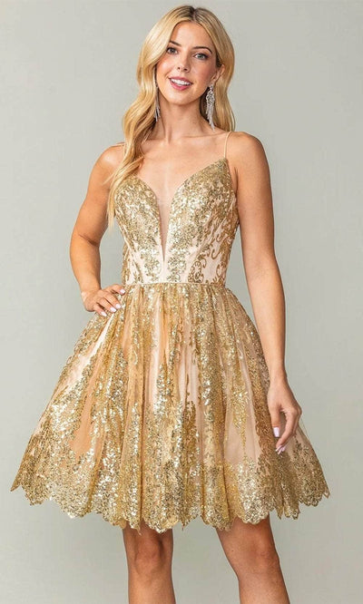 Dancing Queen 3358 - Spaghetti Strap Sequin Cocktail Dress Special Occasion Dresses XS /  Gold