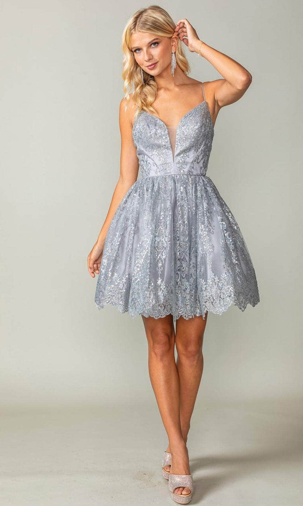 Dancing Queen 3358 - Spaghetti Strap Sequin Cocktail Dress Special Occasion Dresses XS /  Silver