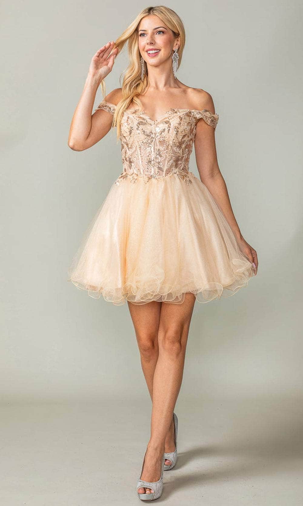 Dancing Queen 3378 - Off Shoulder Tulle Cocktail Dress Special Occasion Dresses XS /  Champagne