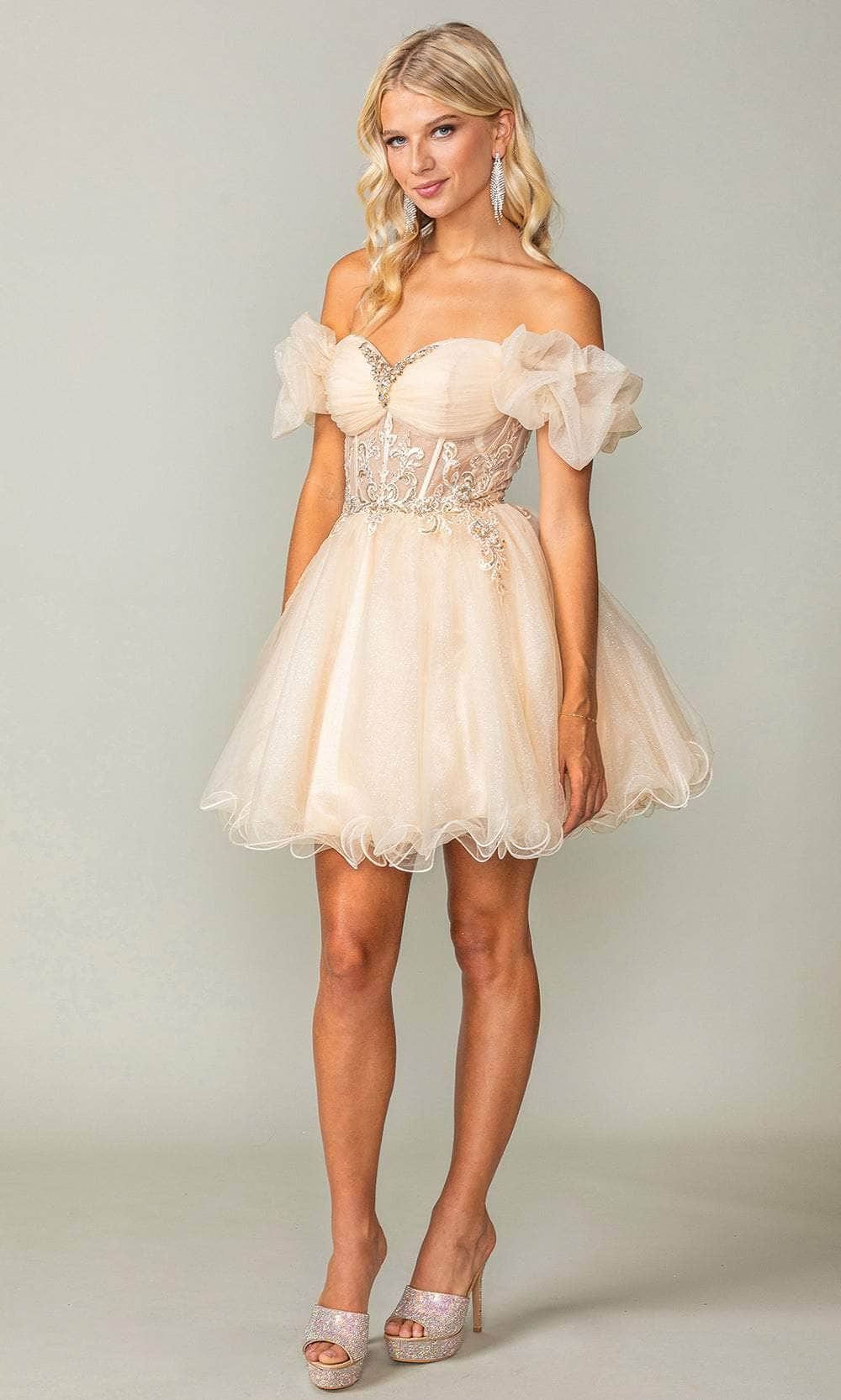 Dancing Queen 3379 - Puff Sleeve Corset Short Dress Special Occasion Dresses XS /  Champagne