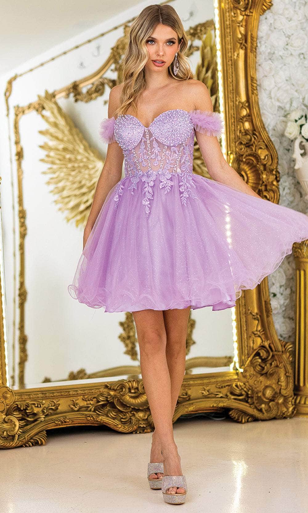 Dancing Queen 3406 - Short A-Line Dress - Off-Shoulder Sleeves, Beaded, Sheer Corset Bodice, Lace-Up Back, Ruffles 2XL / Blush Dancing Queen 3406 - Short A-Line Dress - Off-Shoulder Sleeves, Beaded, Sheer Corset Bodice, Lace-Up Back, Ruffles 2XL / Blush