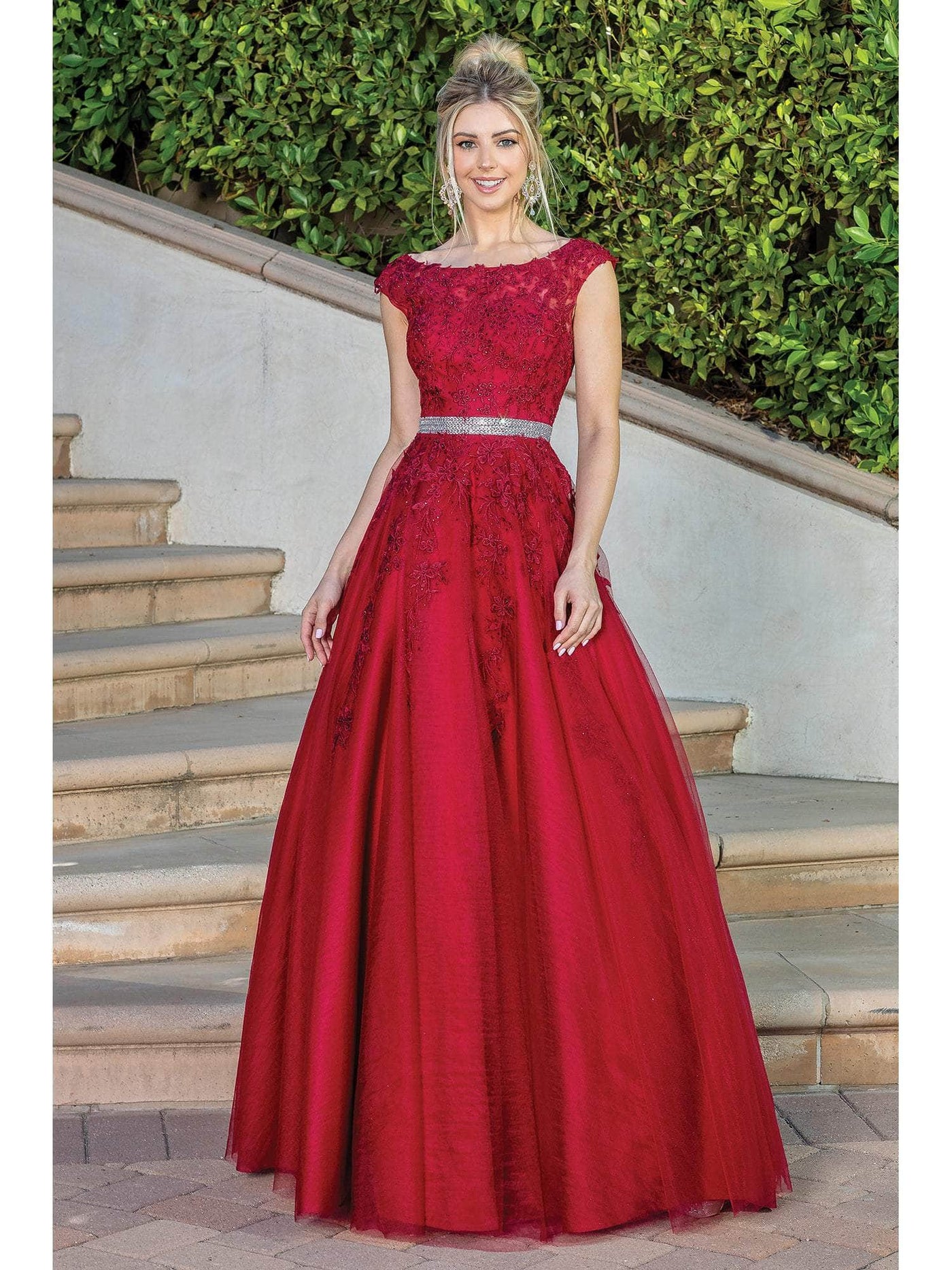 Dancing Queen 4245 - Embroidered Bateau Neck Prom Dress Special Occasion Dress XS / Burgundy