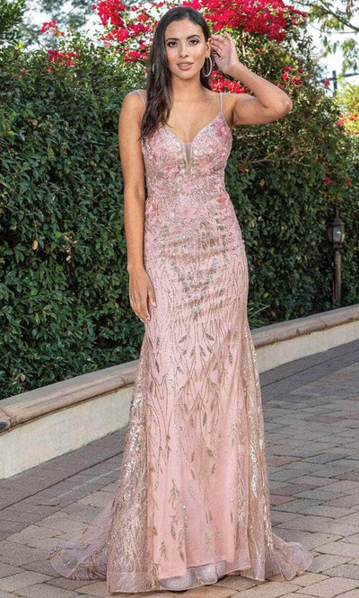 Dancing Queen 4275 - Embellished Deep V-Neck Prom Dress Prom Dresses XS / Rose Gold