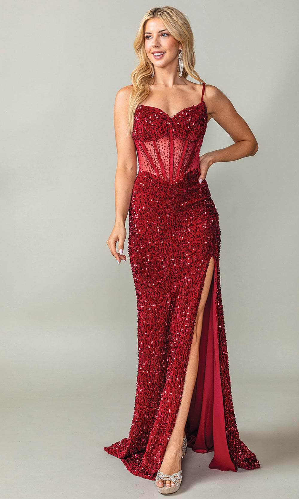 Dancing Queen Danq_4360 - Long Sheath Dress - Spaghetti Straps, Sequined Bust, Bejeweled Corset Boned Bodice, Sheer Lace Up Back, High Slit, Sweep Train ADASA Dancing Queen Danq_4360 - Long Sheath Dress - Spaghetti Straps, Sequined Bust, Bejeweled Corset Boned Bodice, Sheer Lace Up Back, High Slit, Sweep Train ADASA