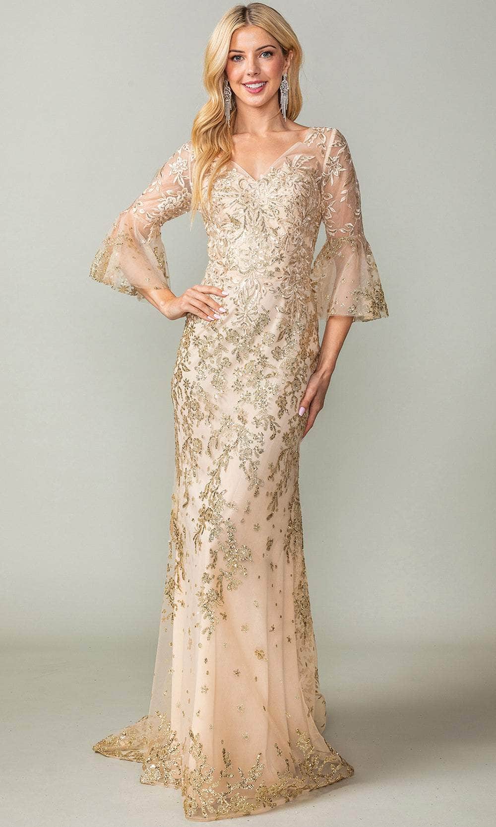 Dancing Queen Danq_4361 - Long Mermaid Dress - Sheer Bell Sleeves, Glitter Beaded, Embroidered Details, Sheer Back, Concealed Zipper Closure, Sweep Dancing Queen Danq_4361 - Long Mermaid Dress - Sheer Bell Sleeves, Glitter Beaded, Embroidered Details, Sheer Back, Concealed Zipper Closure, Sweep