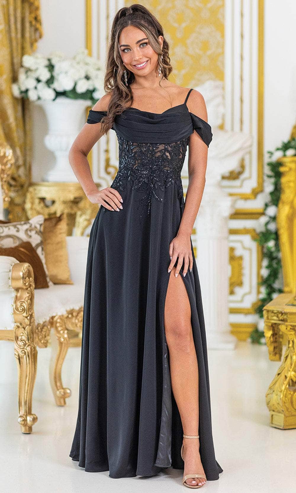 drape neck prom dress Dancing Queen 4474 - Long A-line Dress