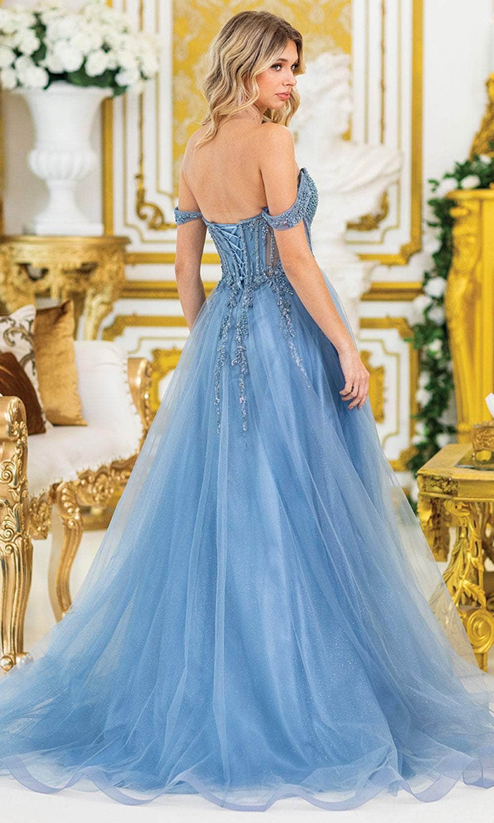 Dancing Queen 4490 - Long Glitter Tulle A-line Dress - Beaded Bodice, Off-Shoulder Straps, Illusion Corset Bodice, High Slit, Layered Skirt, Lace-Up Dancing Queen 4490 - Long Glitter Tulle A-line Dress - Beaded Bodice, Off-Shoulder Straps, Illusion Corset Bodice, High Slit, Layered Skirt, Lace-Up