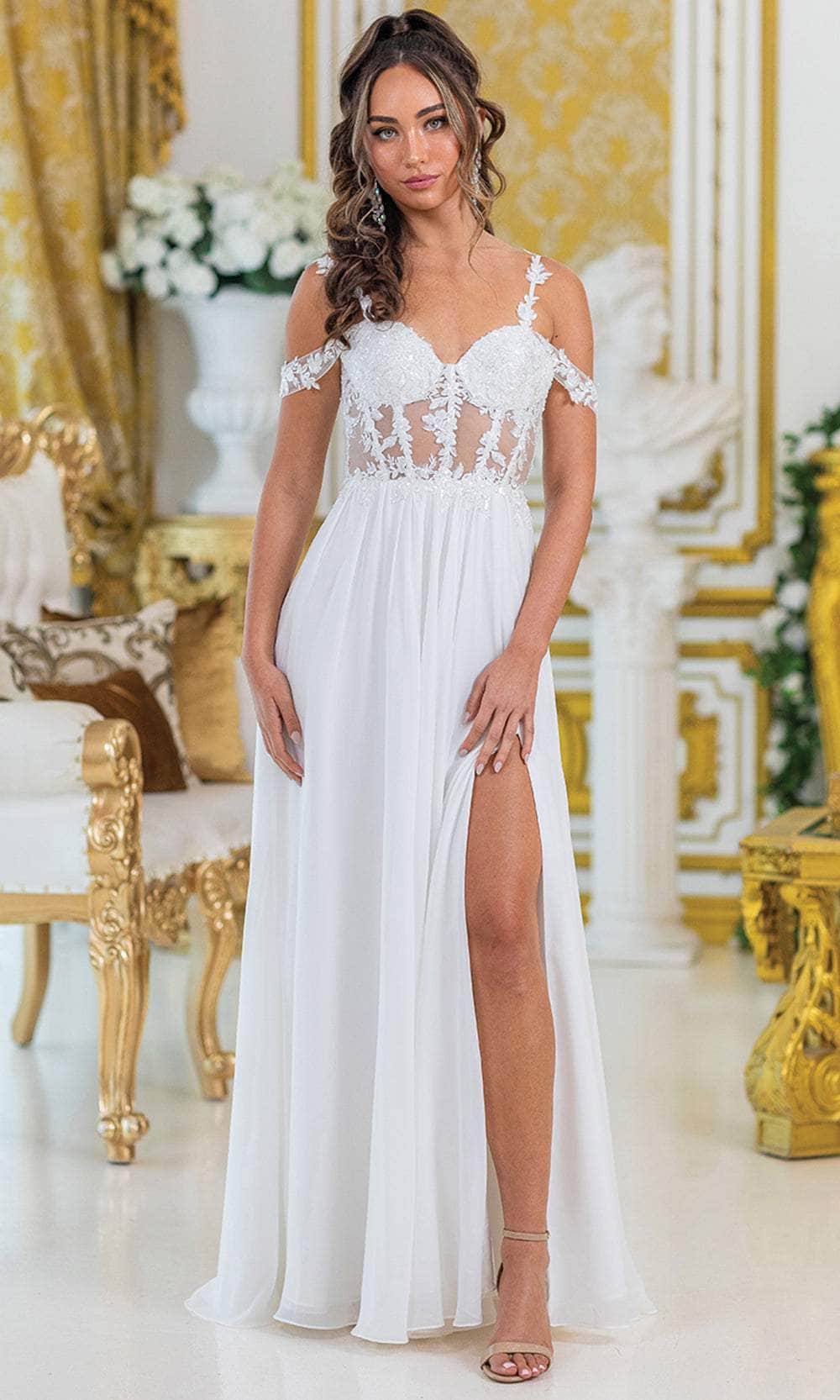 Dancing Queen 4506 - Long A-line Dress - Off Shoulder Sleeves, Thin Straps, Floral Lace Applique, Beaded, Illusion Bodice, High Slit, Lace-Up Back 2XL Dancing Queen 4506 - Long A-line Dress - Off Shoulder Sleeves, Thin Straps, Floral Lace Applique, Beaded, Illusion Bodice, High Slit, Lace-Up Back 2XL