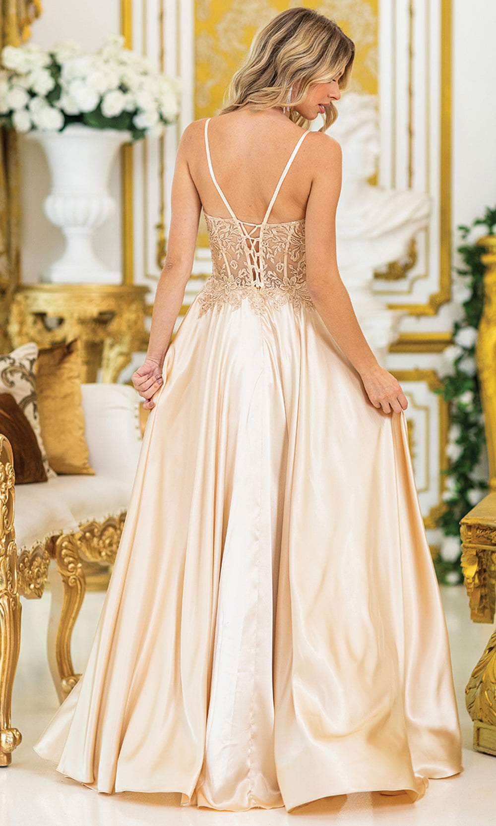 Lace-Bodice Long A-Line Prom Dress with Sheer Waist Gold / XLarge Lace-Bodice Long A-Line Prom Dress with Sheer Waist Gold / XLarge