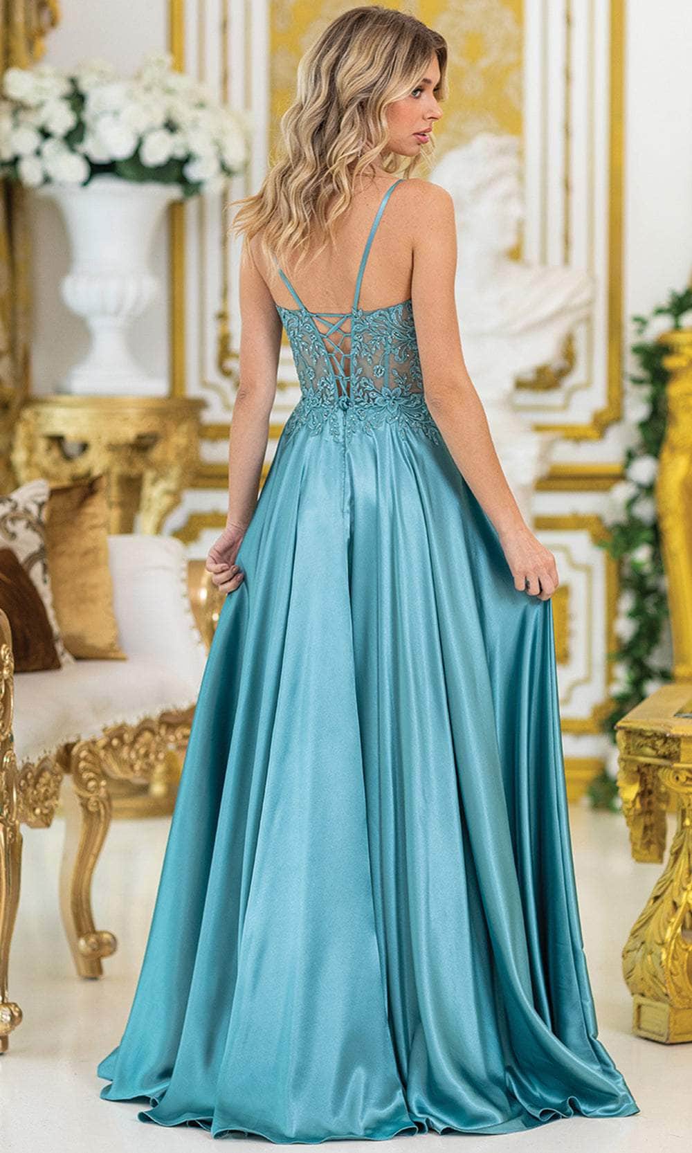 Lace-Bodice Long A-Line Prom Dress with Sheer Waist Gold / XLarge Lace-Bodice Long A-Line Prom Dress with Sheer Waist Gold / XLarge
