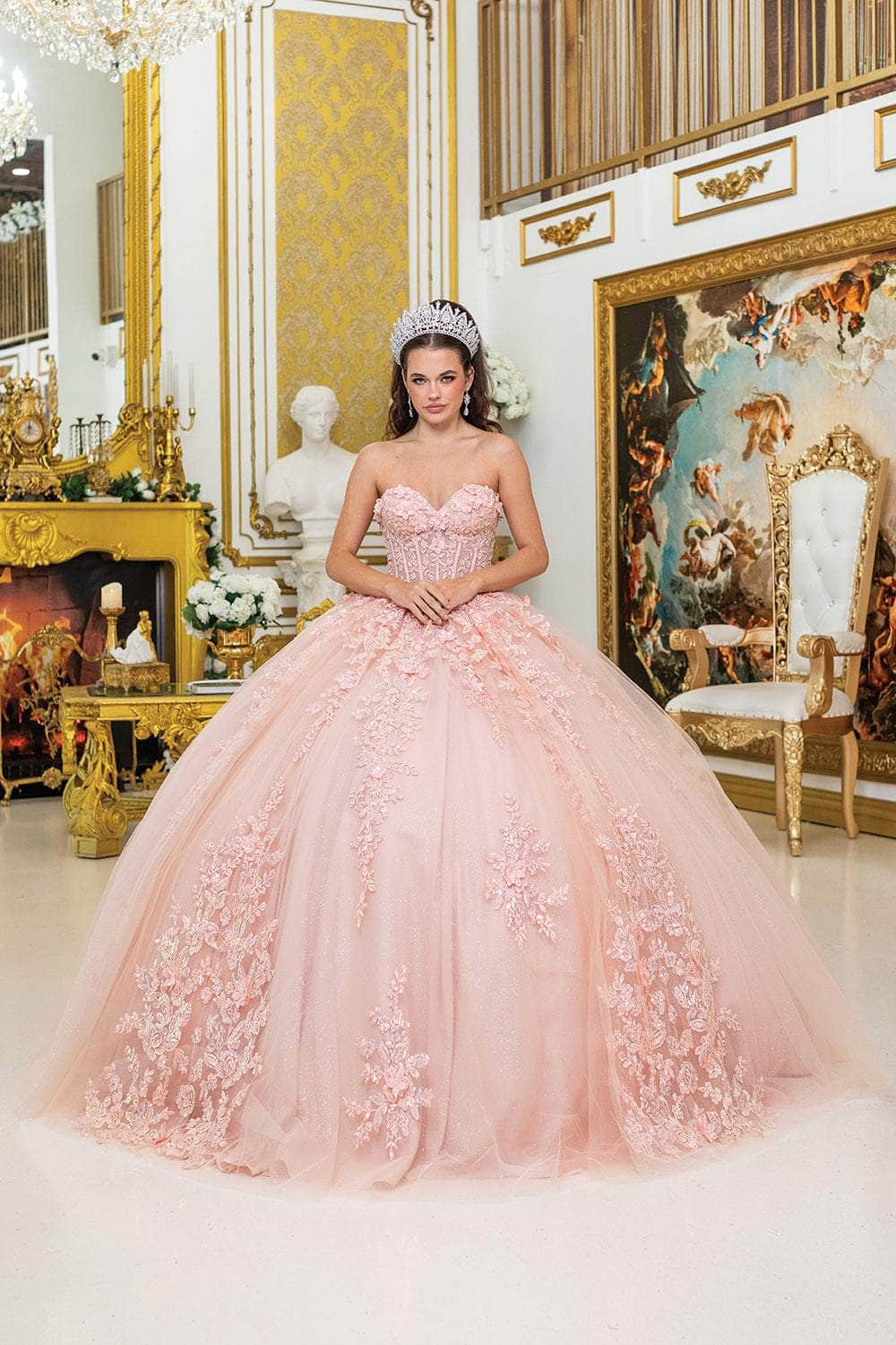 Dancing Queen 5027 - Glitter Tulle Lace-Up Back Ballgown Quinceanera Dresses XS /  Blush