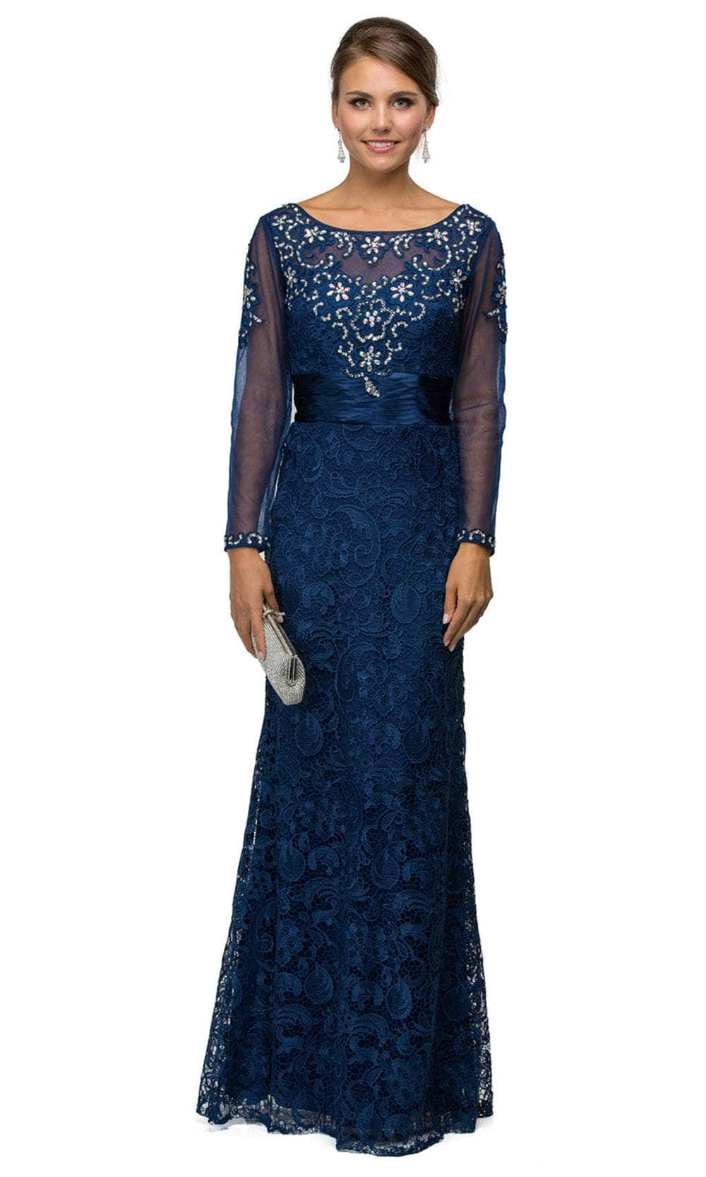 Dancing Queen 9070 - Beaded Lace Long Dress Mother of the Bride Dresses XS /  Navy