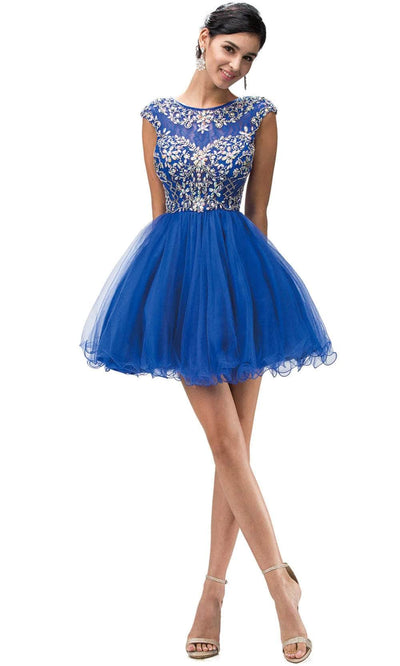 Dancing Queen 9149 - Beaded Jewel Neck Cocktail Dress Special Occasion Dresses XS /  Royal Blue