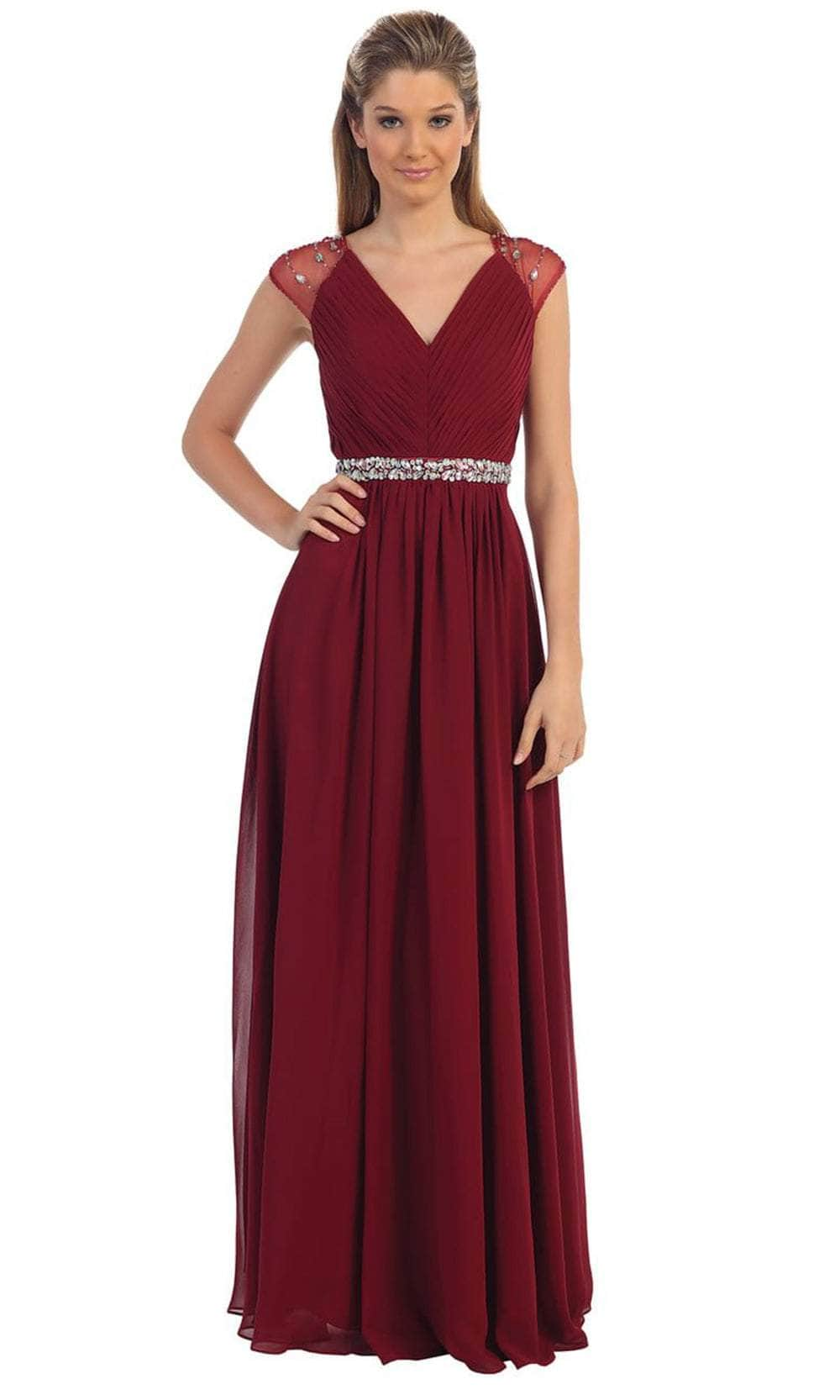 Dancing Queen 9182 - Jeweled Waist Long Dress Mother of the Bride Dresses XS /  Burgundy