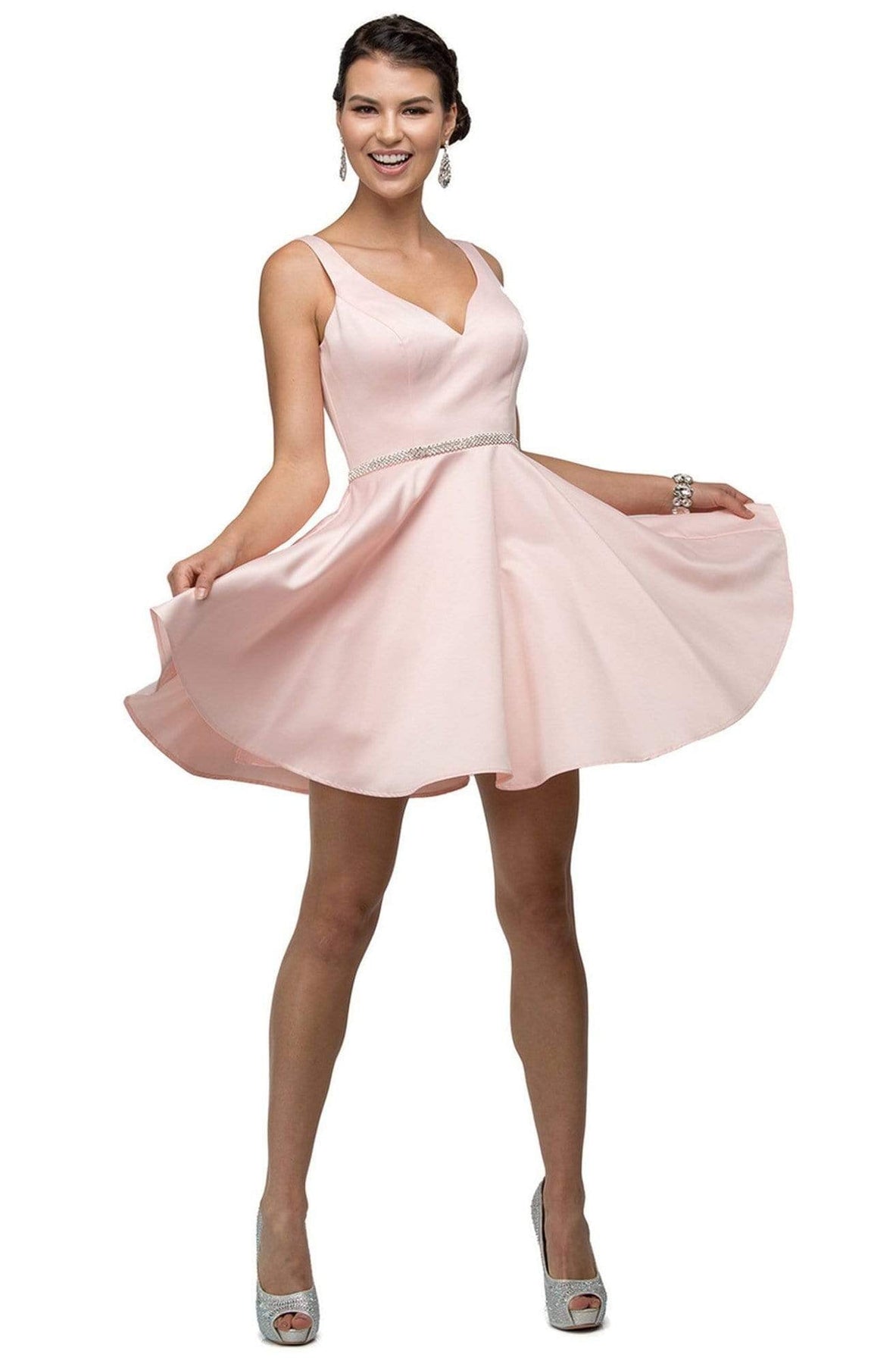 Dancing Queen - 9504 Jeweled Waistband Sweetheart Neck Satin A-line Cocktail Dress - 1 pc Navy in Size L available CCSALE L / Blush