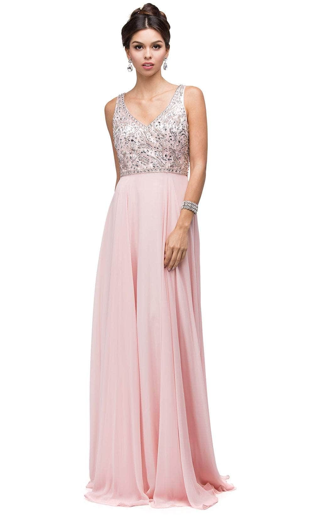 Dancing Queen 9589 - Jeweled V-Neck Long Gown Mother of the Bride Dresses XS /  Blush