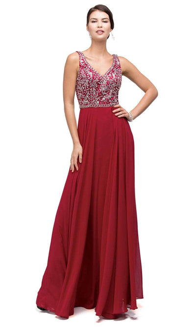 Dancing Queen 9589 - Jeweled V-Neck Long Gown Mother of the Bride Dresses XS /  Burgundy