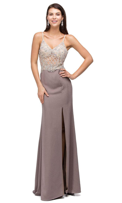Dancing Queen 9650 - Beaded Top V-Neck Prom Gown Prom Dresses XS /  Mocha