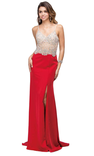 Dancing Queen 9650 - Beaded Top V-Neck Prom Gown Prom Dresses XS /  Red