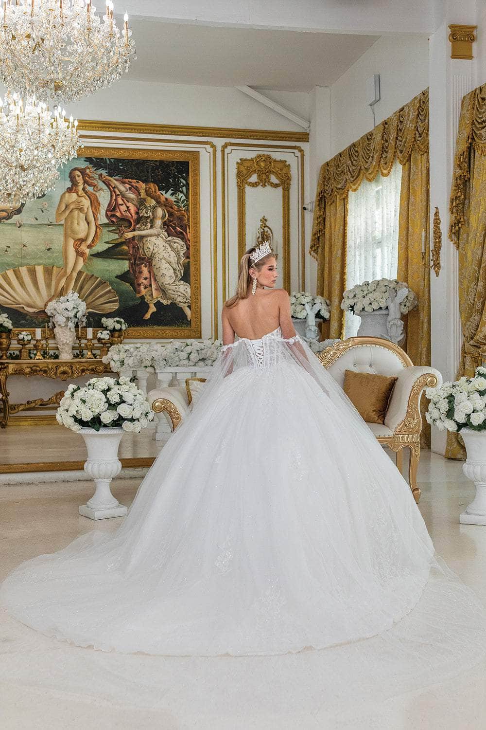 Dancing Queen Bridal 0294 - Long Tulle Ballgown Dress - Detachable Draped Sleeves, Sheer Corset Bodice, Floral Lace Appliques, Beaded, Lace-Up Back Dancing Queen Bridal 0294 - Long Tulle Ballgown Dress - Detachable Draped Sleeves, Sheer Corset Bodice, Floral Lace Appliques, Beaded, Lace-Up Back