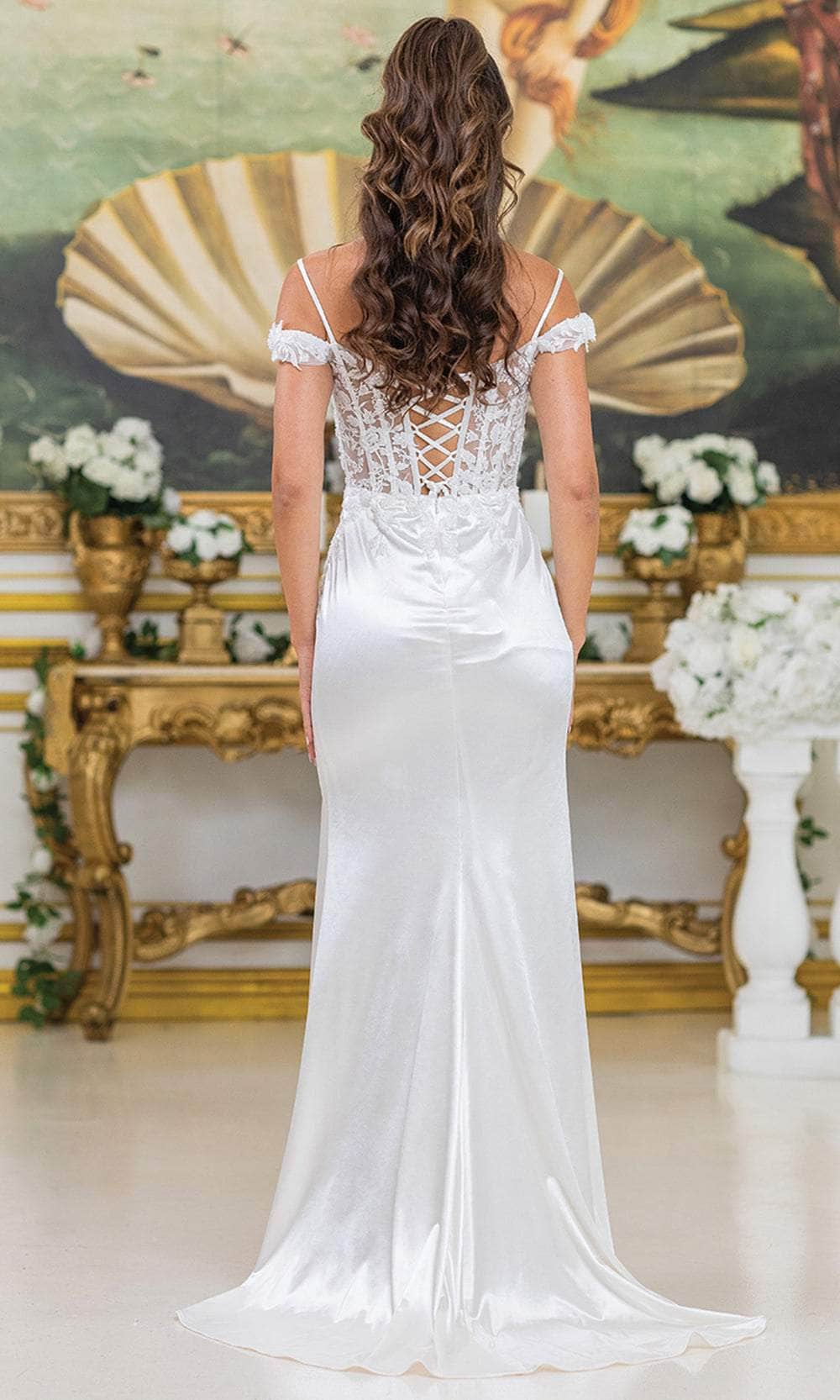 Dancing Queen Bridal 0303 - Long Satin Sheath Dress - Off Shoulder Sleeves, Spaghetti Straps, Floral Lace Applique, High Slit, Fitted, Lace-Up Back ADASA Dancing Queen Bridal 0303 - Long Satin Sheath Dress - Off Shoulder Sleeves, Spaghetti Straps, Floral Lace Applique, High Slit, Fitted, Lace-Up Back ADASA