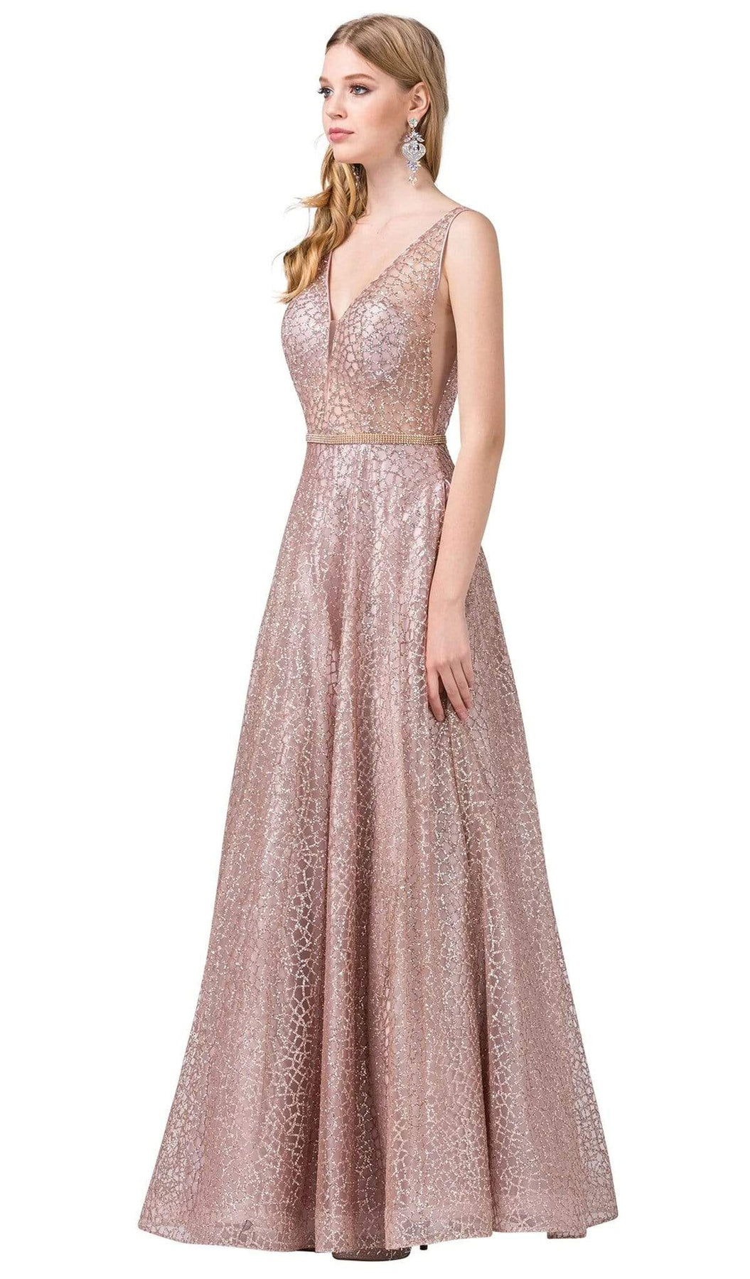 Dancing Queen - Illusion Plunging V-Neck Glitter Mesh Prom Dress 2593 - 1 pc Rose Gold In Size 2XL Available CCSALE 2XL / Rose Gold