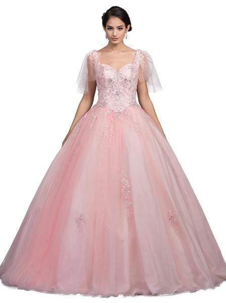 Dancing Queen - Sheer Butterfly Sleeve Embellished Quinceanera Ballgown 1203 - 1 pc Blush In Size S Available CCSALE S / Blush