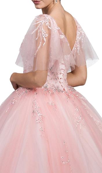 Dancing Queen - Sheer Butterfly Sleeve Embellished Quinceanera Ballgown 1203 - 1 pc Blush In Size S Available CCSALE S / Blush